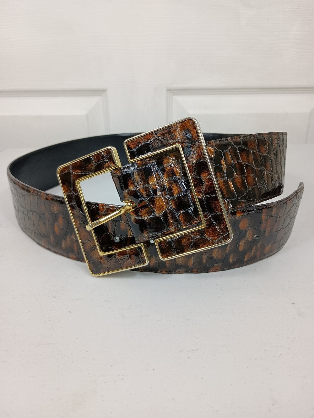 Faux Leather Statement Belt Medium Brown Croc Wide Gold Square Buckle Etcetera